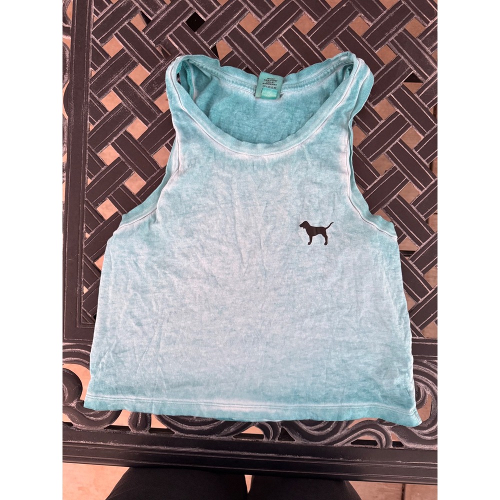 Victoria's Secret PINK Tank Top XS Blue Acid Wash Muscle Crop Dog Logo Tee